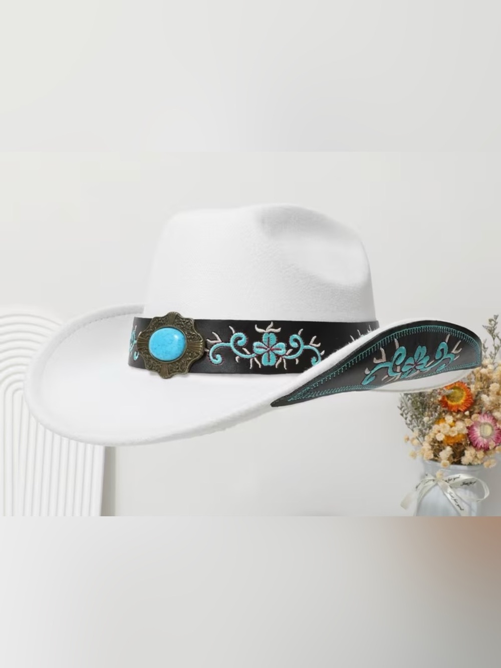White Western Cowboy Hat with Turquoise Embellished Band